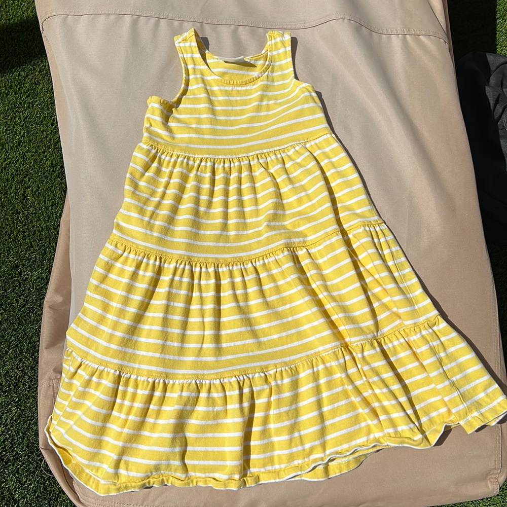 Hanna Andersson yellow and white, three tiered, twirly racer back dress